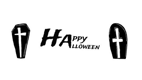 animation of happy halloween and coffins on white background