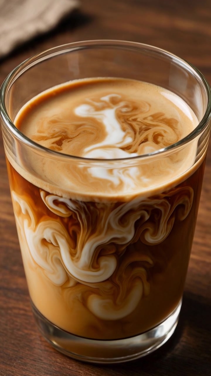 Scena ravvicinata in movimento di un alto bicchiere trasparente su un tavolo di legno che mostra la panna bianca che si mescola nell'espresso scuro, la progressione visibile si sposta da viticci definiti e vortici stratificati lungo le pareti del bicchiere a