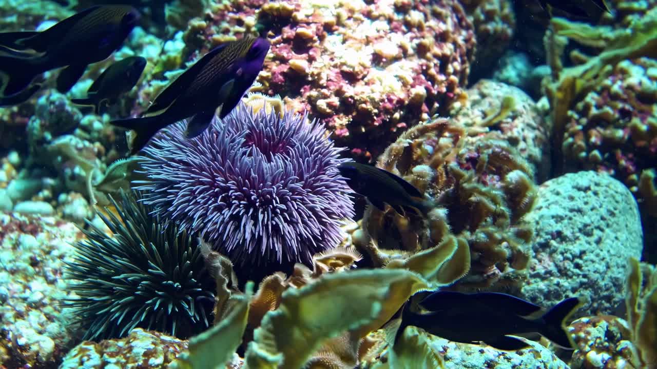 Underwater video showcasing vibrant marine life with sea urchins and fish