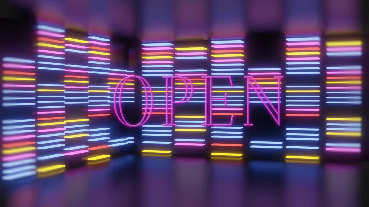 Animazione della scritta OPEN su luci al neon colorate in una stanza buia