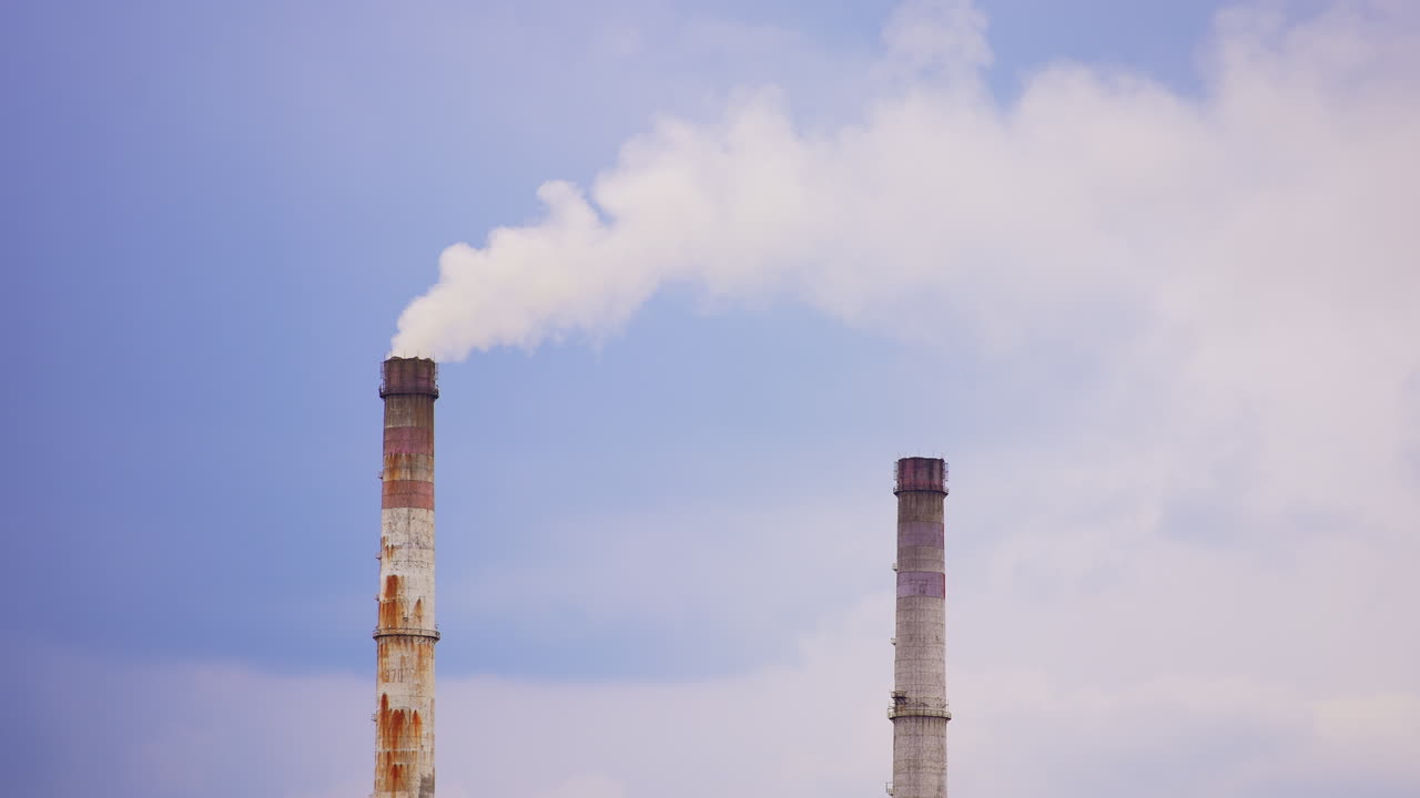Two old rusty pipes from an industrial zone. High pipes producing white smoke into air. Blue sky backdrop.