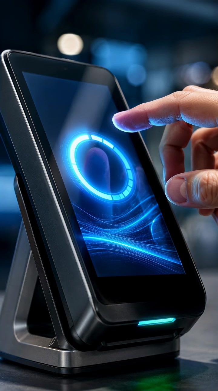 Un dito tocca lo schermo illuminato di un tablet mentre una grafica circolare blu si illumina in un ambiente fioco, mostrando una vista ravvicinata dell'interazione digitale, i bordi riflettenti del dispositivo e la luce mutevole intorno al display.