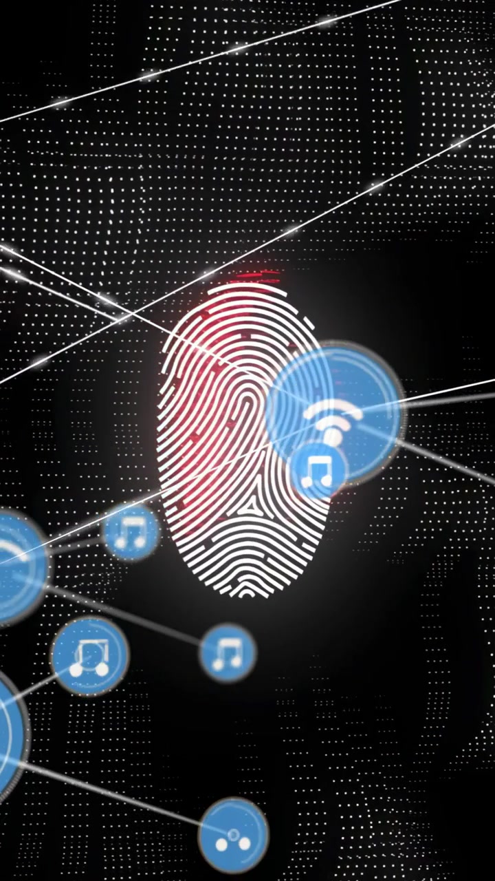 Vertical video: Fingerprint being scanned by red glow, forming blue nodes and links verifying ID