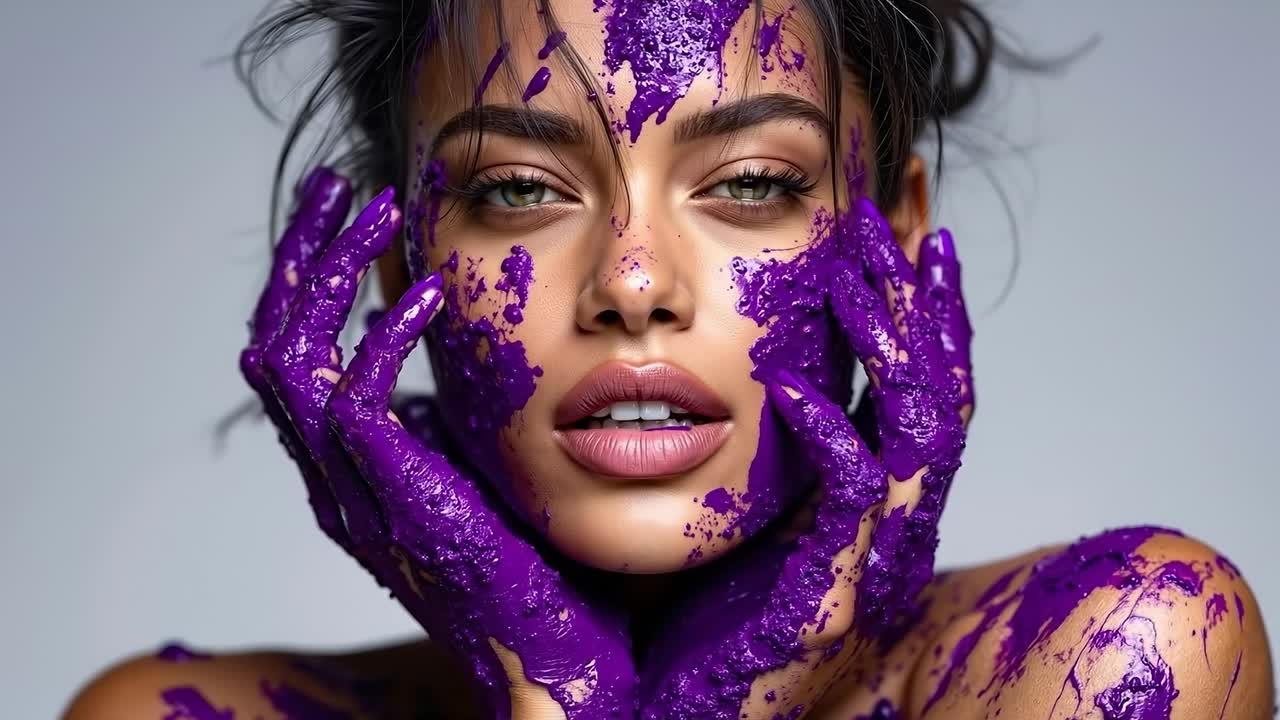 A woman with purple paint on her face and hands