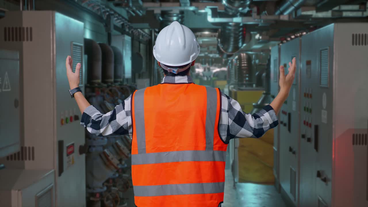 Back View Of A Male Engineer With Safety Helmet Spreading Arms While Standing In Engine Control Room, Work Of Electrical Generators