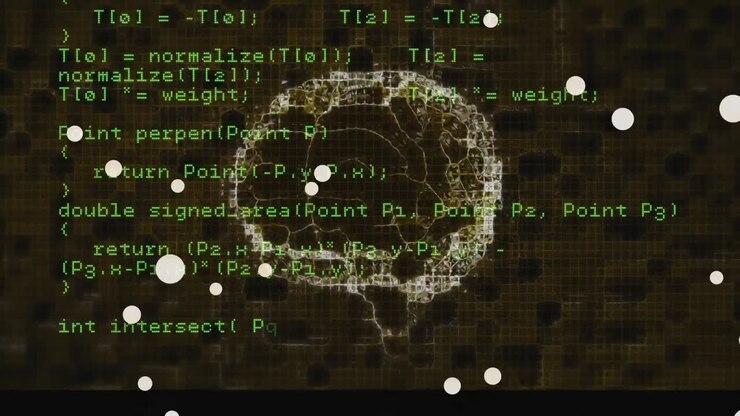Анимация человеческого мозга на фоне обработки данных.