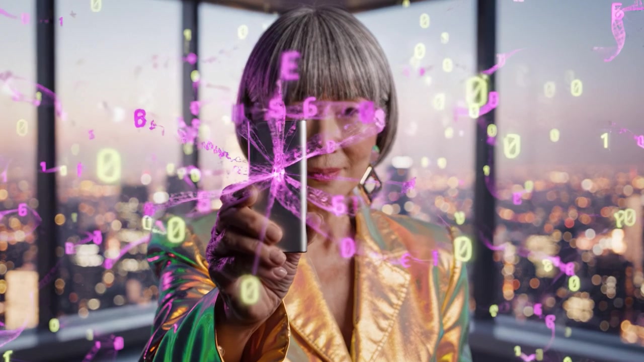A woman in a shimmering golden outfit holds a smartphone, juxtaposed against a stunning city skyline with digital elements and vibrant colors during twilight.