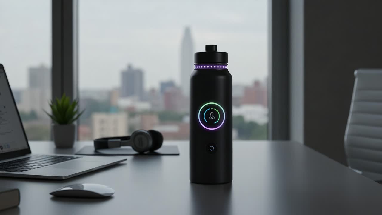 Modern Smart Water Bottle with Colorful LED Indicator on Minimalist Desk Overlooking Cityscape, Showcasing Innovative Design and Technology in Daily Hydration