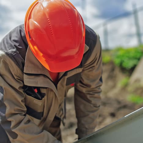 solar panels installation. worker in orange hard hat is installing metal frame. metal basis for photovoltaic panel outdoors. close-up.