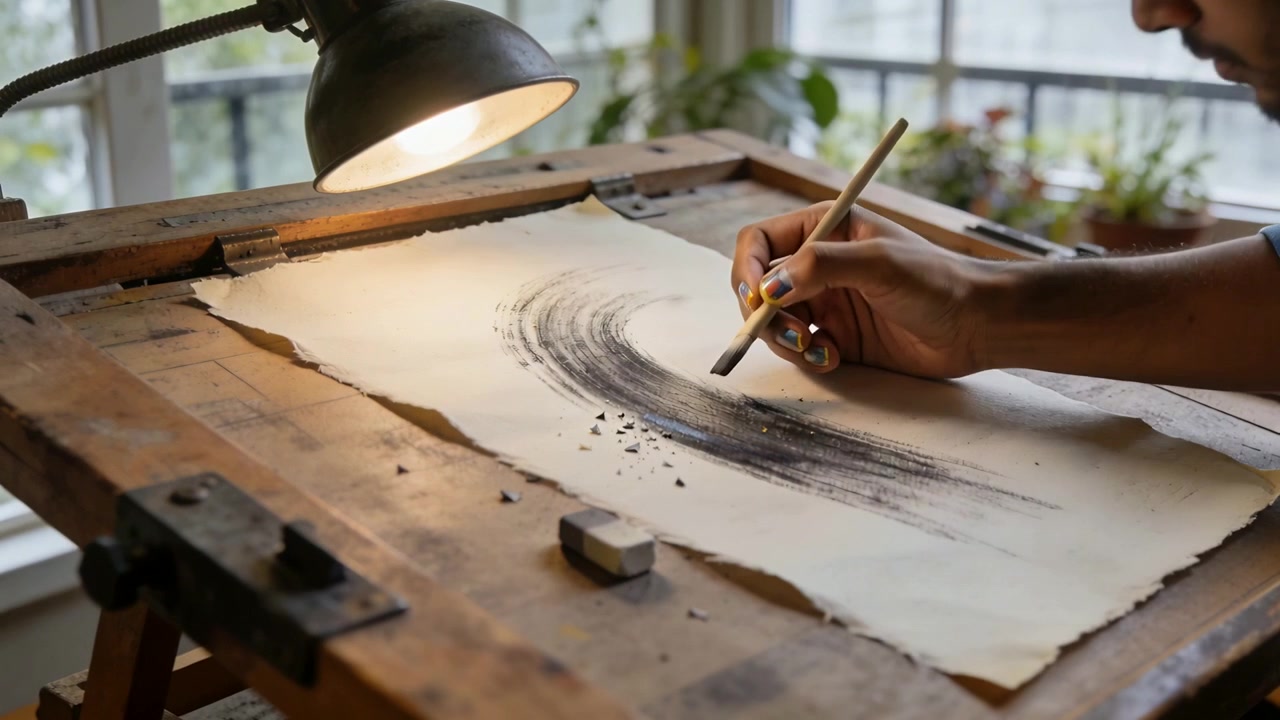 Holding wide brush, dark-shirted artist making charcoal curve at studio table refining with eraser