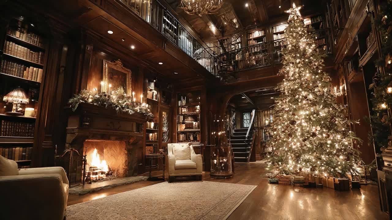 A Cozy and Elegant Christmas Decor Scene with a Beautifully Adorned Tree, Glowing Fireplace, and Warm Holiday Ambiance in an Opulent Library Setting