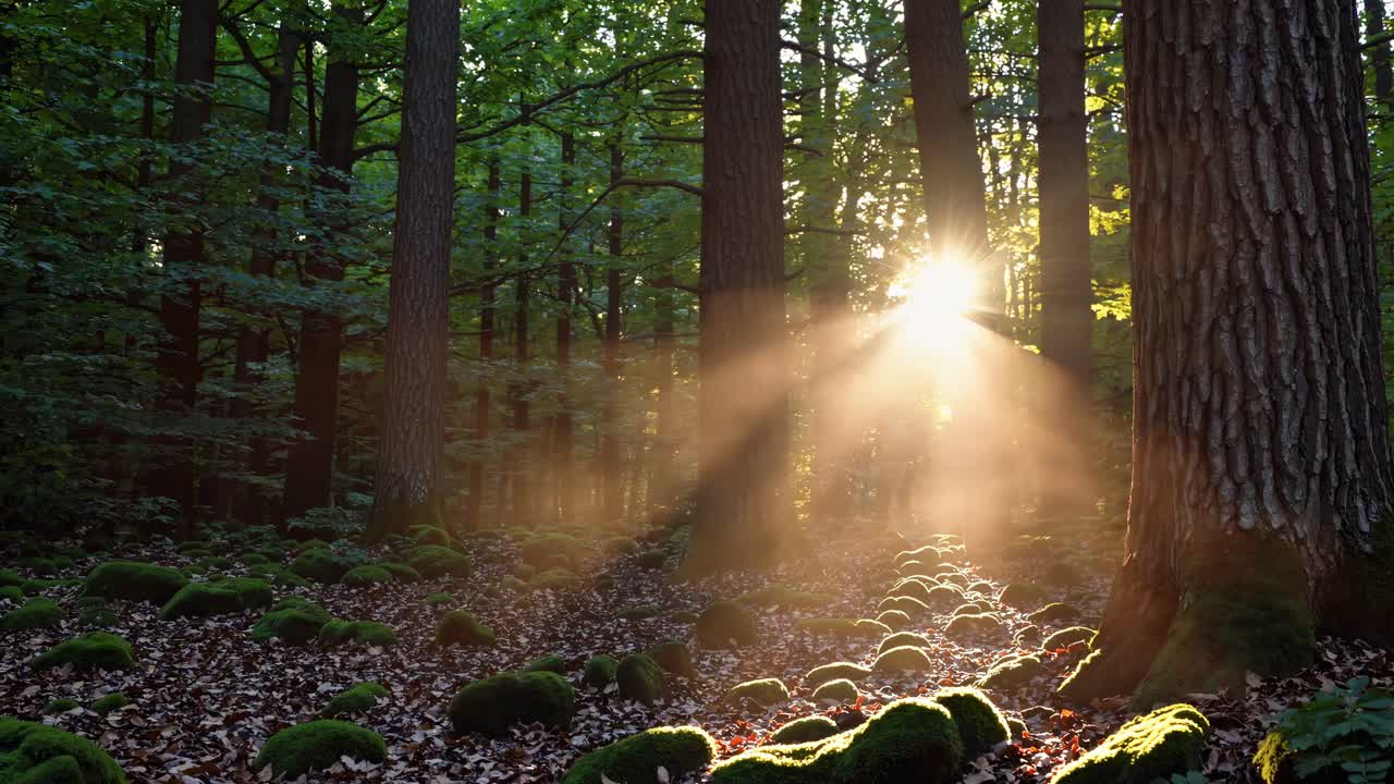 Sunlight streams through dense forest trees, creating a mystical atmosphere