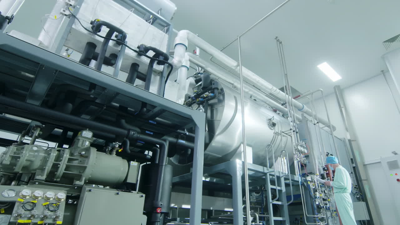 Scientist with uniform in Drug Manufacturing Technology Production High-Tech Pharmaceutical Processing Equipment for Biopharmaceutical in Modern Industrial Facility with Advanced Control Systems