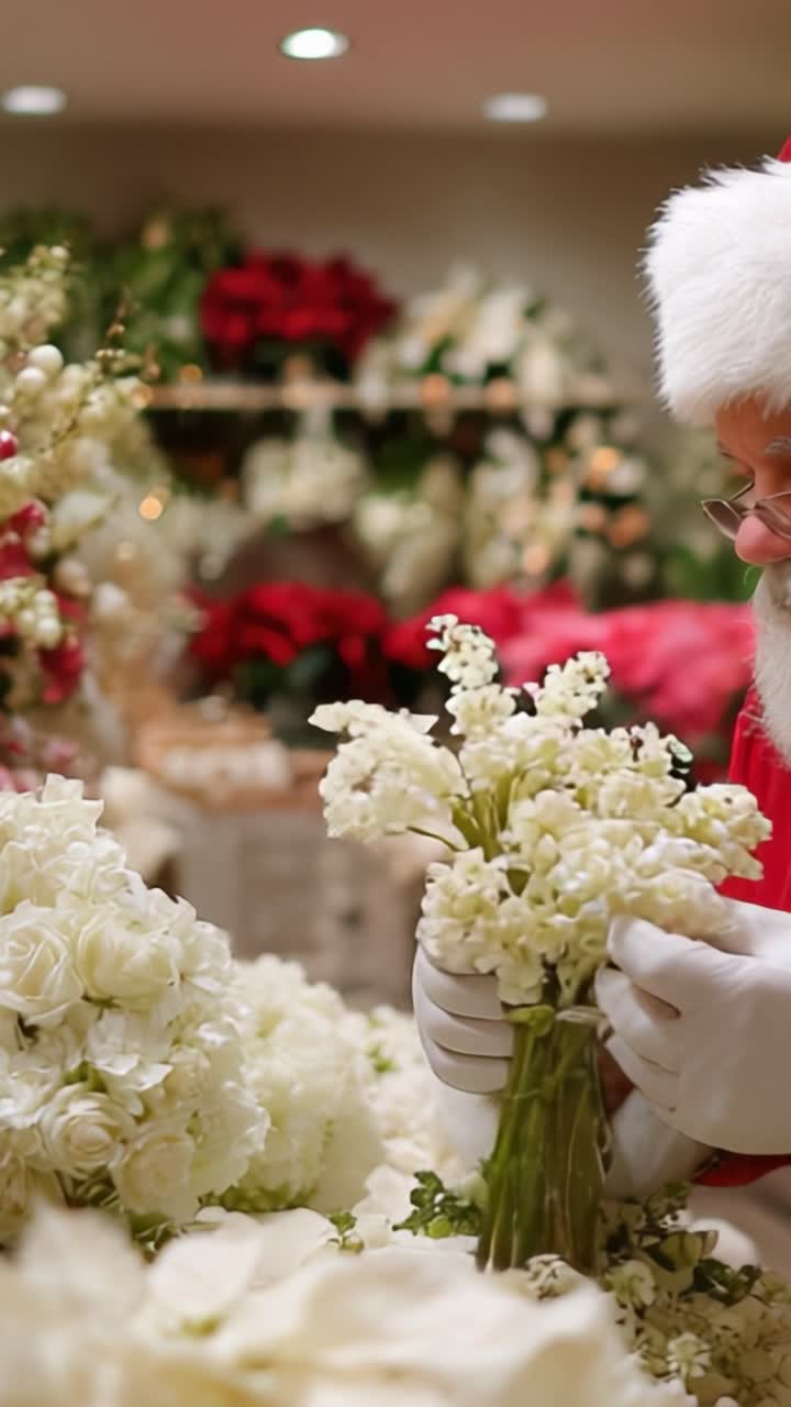 Papai Noel Festivo Arranjando Flores para a Época Festiva com Decorações Vibrantes em um Encantador Arranjo Floral Rodeado por Alegria Festiva e Beleza