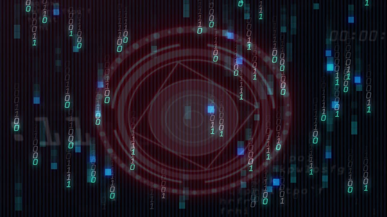 Red circular reticle fading in and rotating while binary digits cascading down showing data flow