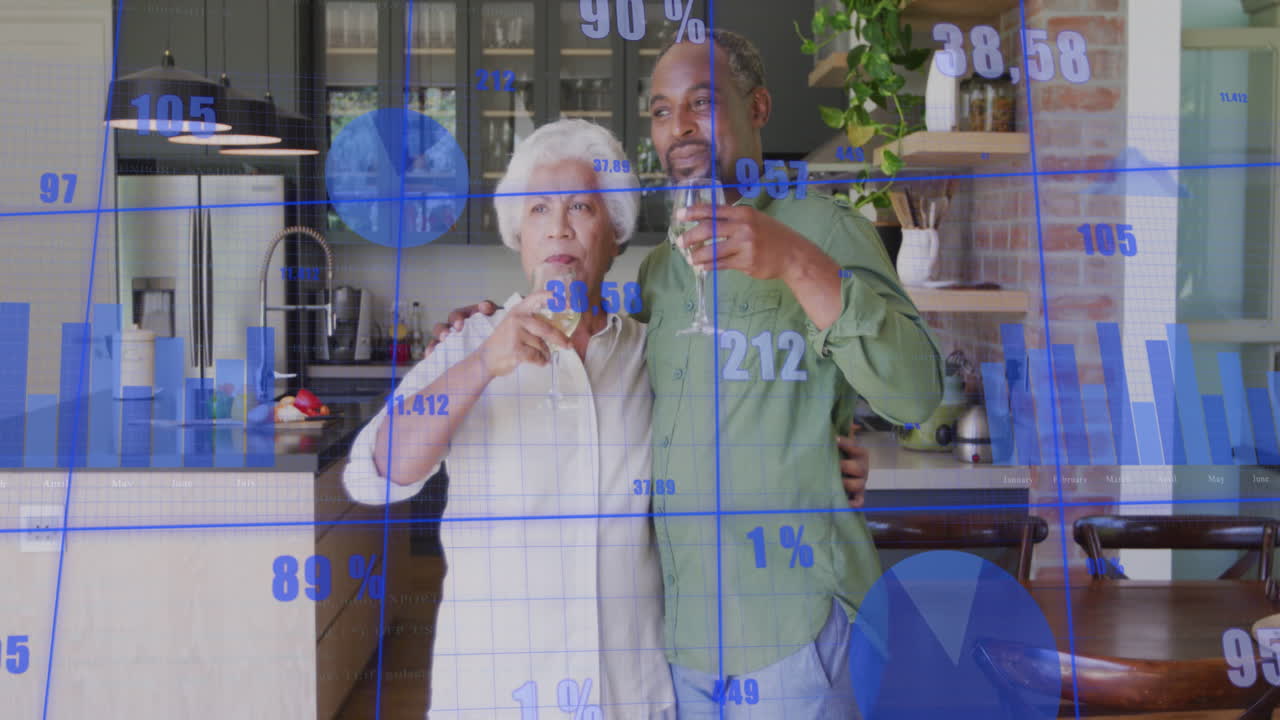 animación de múltiples gráficos y números cambiantes, parejas diversas pasando tiempo de calidad en casa