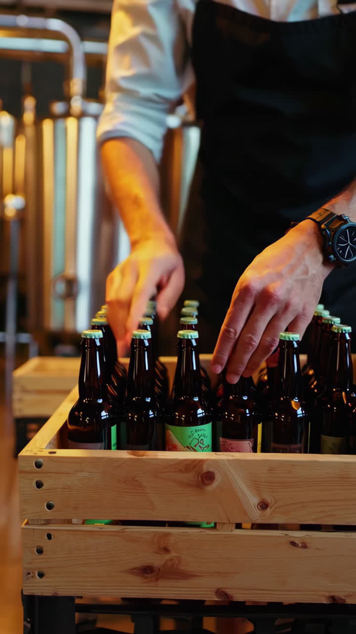 Worker packaging beer bottles in a brewery