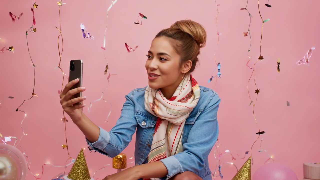 Raising smartphone to record selfie, vlogger framing face smiling in pink studio with party hats