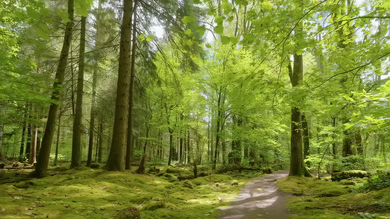 Sunlight filters through the vibrant green canopy of a lush forest, illuminating a path winding through a carpet of moss, creating a tranquil and inviting atmosphere