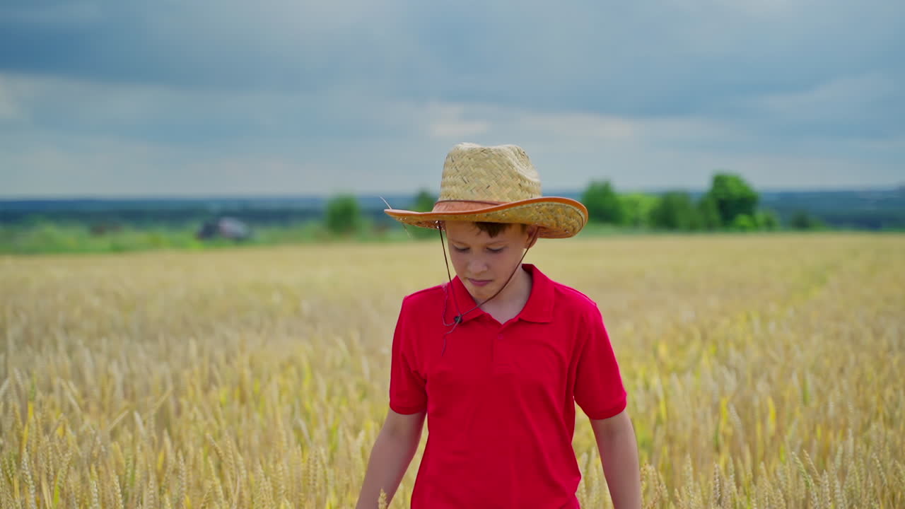 Kid at wheat field. Portrait of stylish boy in hat walking in field of wheat