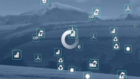 Animation-of-eco-icons-data-processing-over-landscape-background