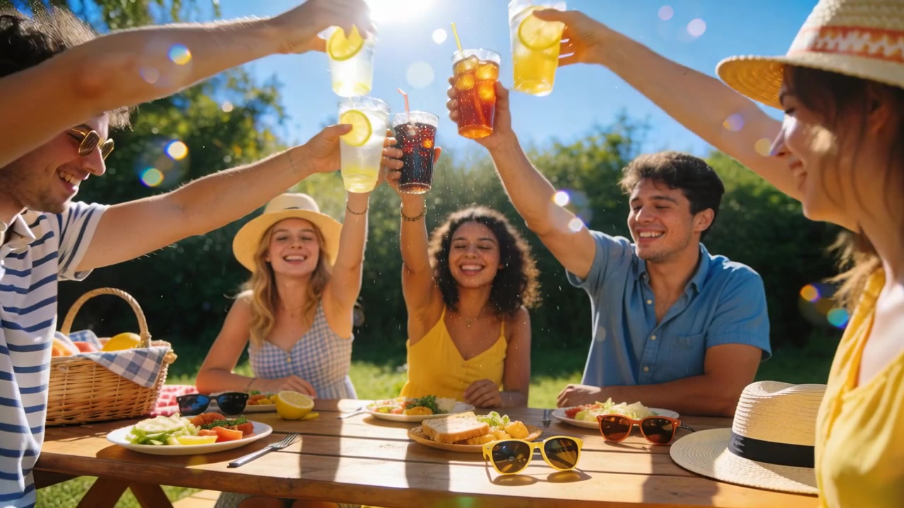 Glazen heffen, vriend begint feestelijke toost terwijl vijf vrienden glazen klinken in de tuin, met strohoeden.