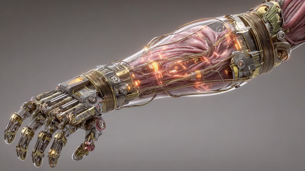 Futuristic Cybernetic Arm Showcasing Intricate Mechanical Structure with Visible Muscle Layers and Luminous Elements in a Sleek Design, Illustrating Advanced Robotics and Human Interface Technology