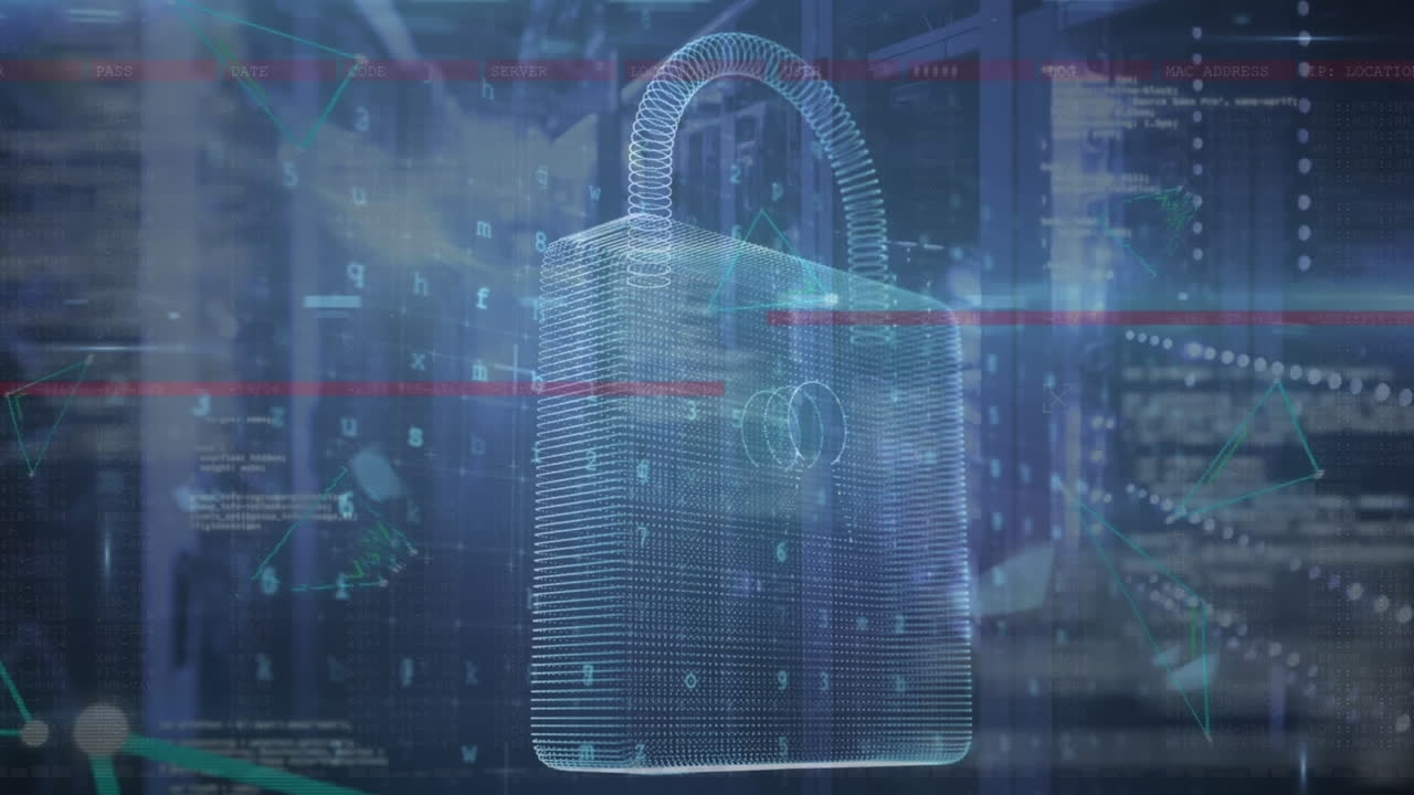 Animation of padlock and data processing over computer servers