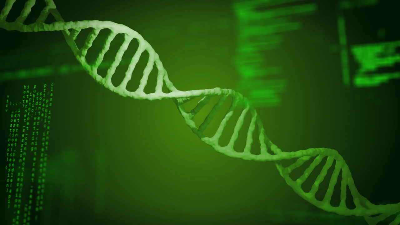 Animation of green data processing with numbers over spinning dna strand on colourful background