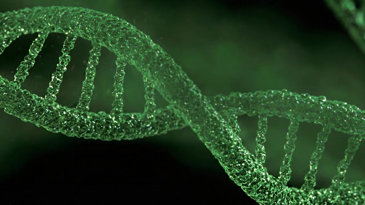 Green DNA Double Helix Isolated Against a Dark Scientific Background in Motion