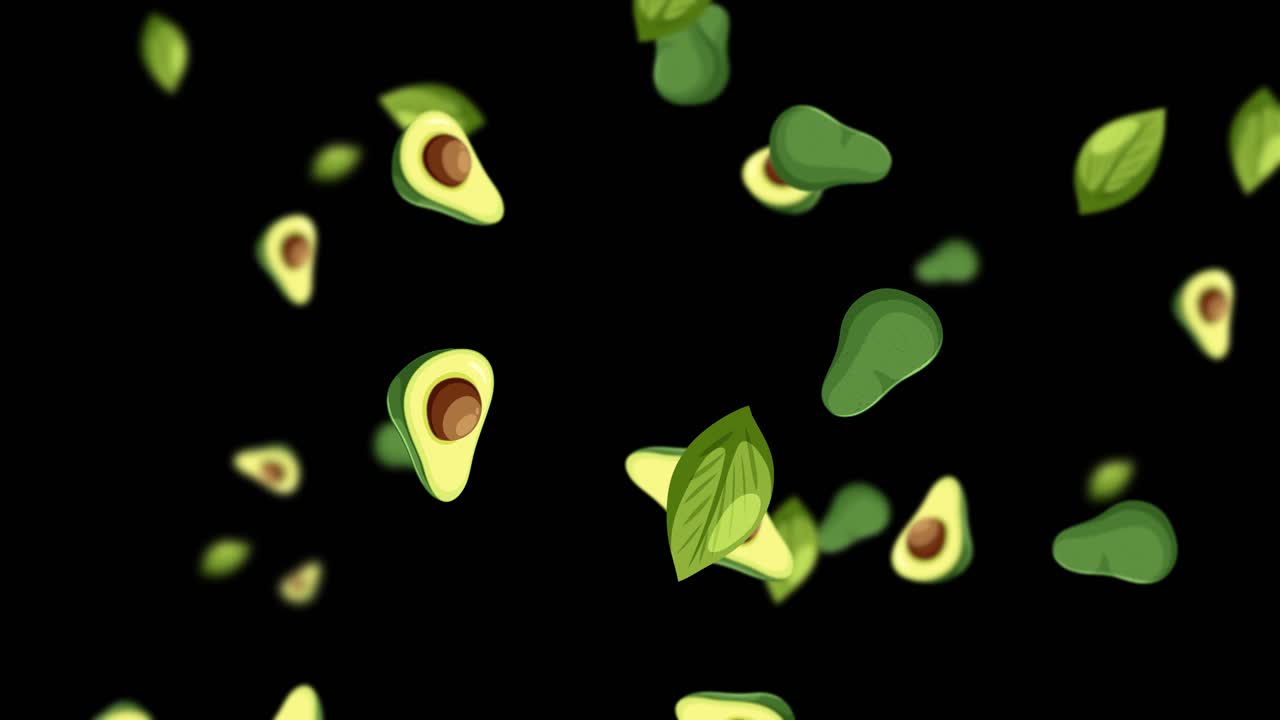 Animazione in loop di avocado e foglie stilizzati che cadono delicatamente su uno sfondo nero