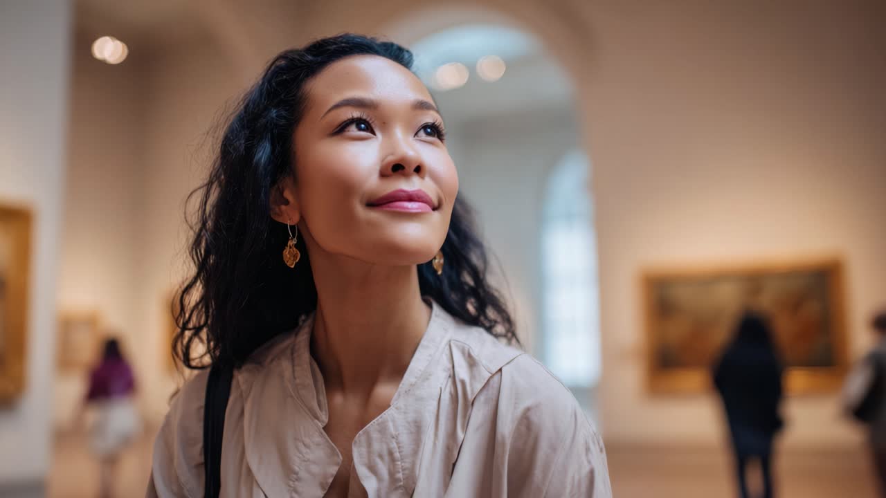 A Thoughtful Visitor Reflects on Art in a Museum Gallery, Capturing the Beauty and Cultural Significance of the Exhibits and the Experience of Exploration