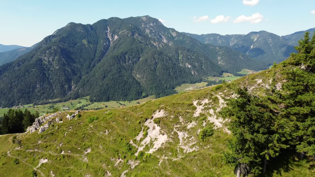 Aerial View Of The Green Mountain Slopes In Almh&uuml;tte Lofer, Austria Alps