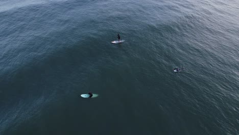 drone flying above the sea, two surfers waiting for waves and a standup paddle