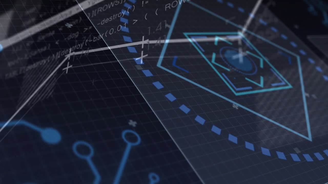 Geometric shapes and data processing animation over technical grid background