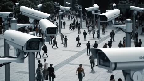 surveillance overhead: a complex network of cameras monitoring crowds in a busy open space, capturing everyday life and movements of the public in real-time