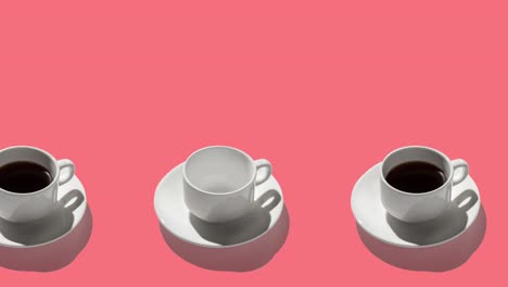 seamless looping animation of white coffee cups with espresso. hard shadows on red pastel background with copy space