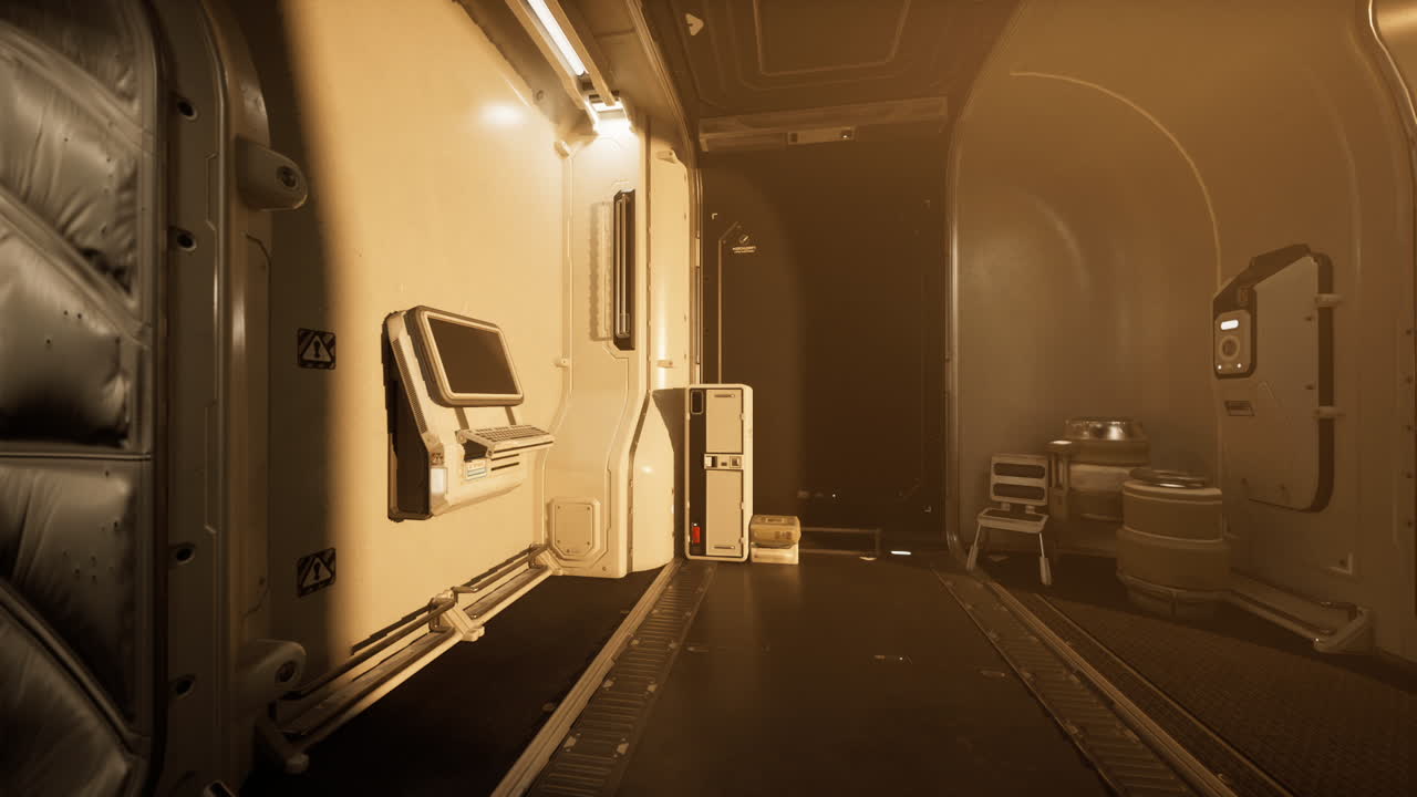 Interior of a space station corridor showcasing equipment and minimal lighting