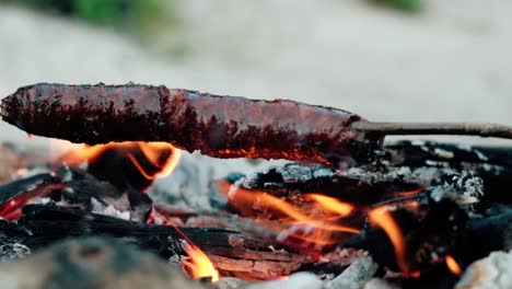 barbequing a delicious sausage on stick at the campfire - close up slowmo