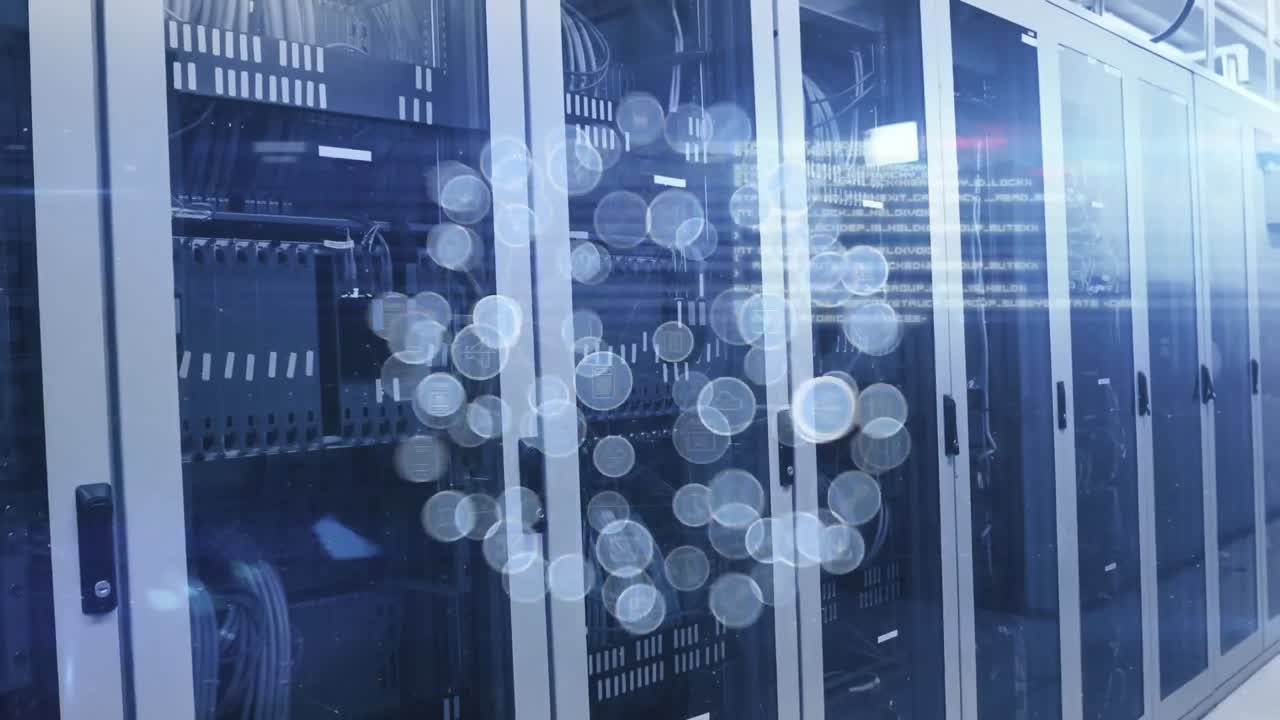 Animation of spinning globe of digital icons, data processing and light spot against server room