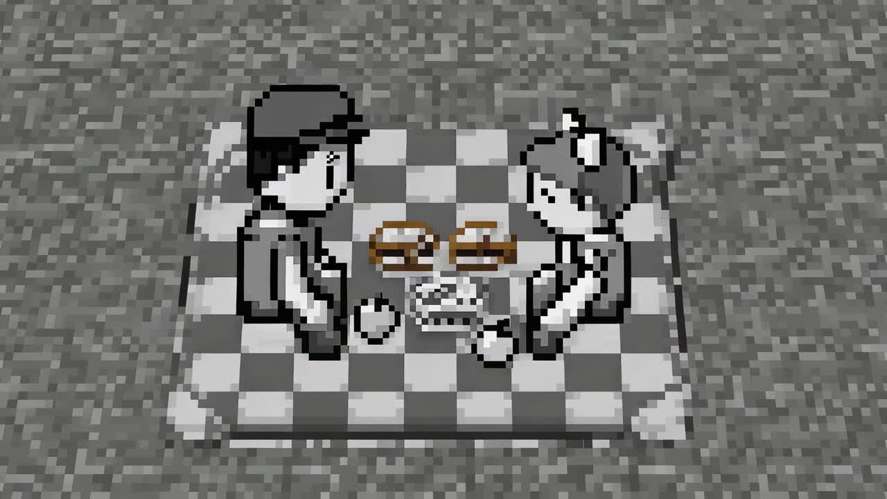 Sbuffi di vapore, coppia di pixel con berretto e fiocco su una coperta da picnic a scacchi, che afferrano hamburger da mangiare
