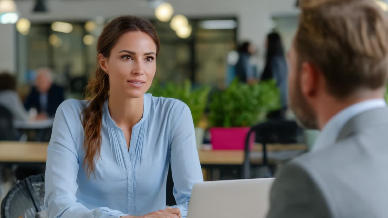 Conversazione coinvolgente in uno spazio di lavoro moderno: uno scambio professionale tra due colleghi sottolinea l'importanza della comunicazione e della collaborazione in un ambiente d'ufficio dinamico