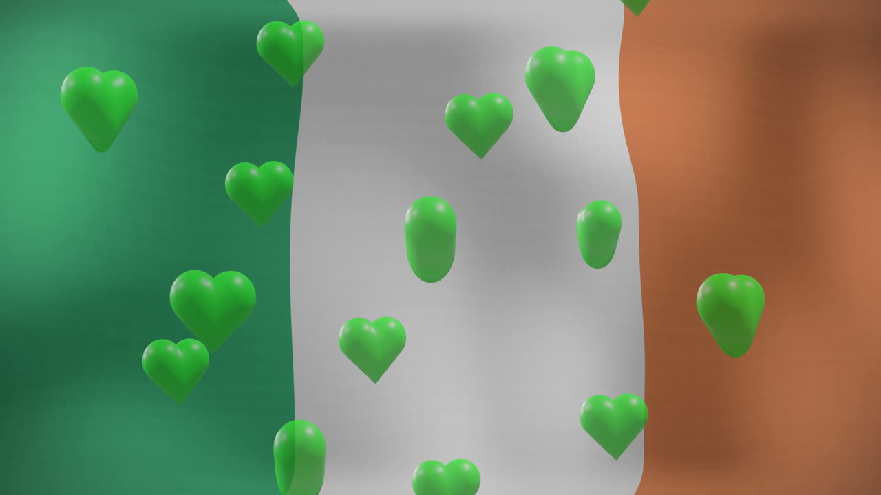 animación del día de san patricio corazones verdes en el fondo de la bandera irlandesa