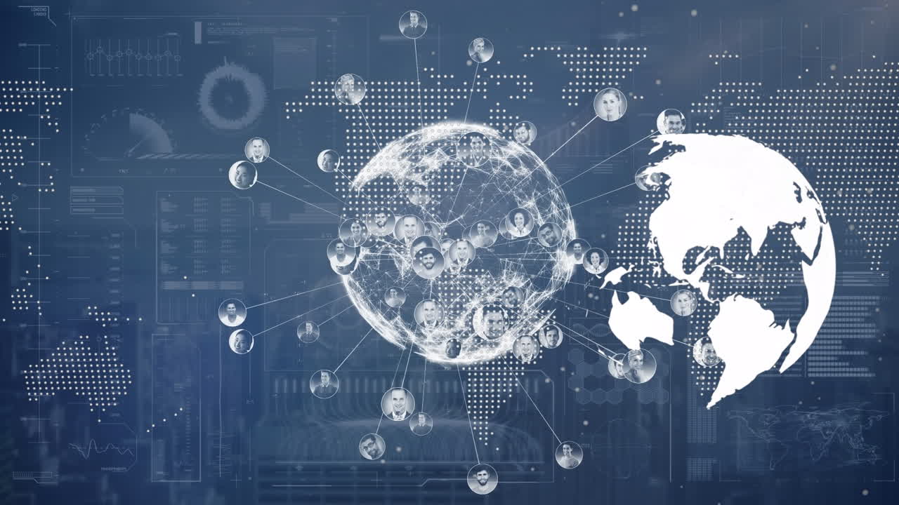 파란색 배경에 세계 지도에 대한 연결과 함께 지구상의 애니메이션