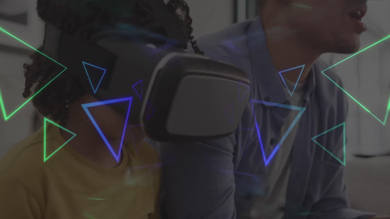 animación de formas de neón sobre un hombre afroamericano con su hijo usando auriculares vr
