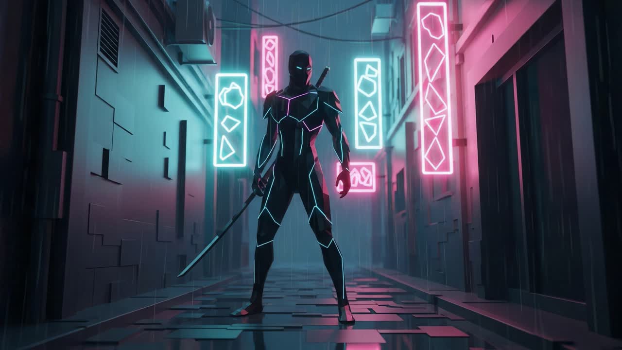 A Mysterious Urban Warrior Stands Boldly in a Neon-Drenched Alley, Exuding Confidence and Power Against a High-Tech Backdrop with Luminous Lights