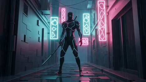 a mysterious urban warrior stands boldly in a neon-drenched alley, exuding confidence and power against a high-tech backdrop with luminous lights