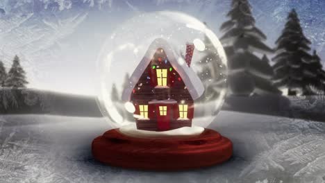 Animation-of-winter-landscape-and-snow-globe-seen-through-window