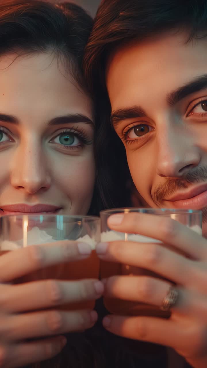 Vertical video: Camera panning downward shifting focus to couple holding amber beer pints in bar