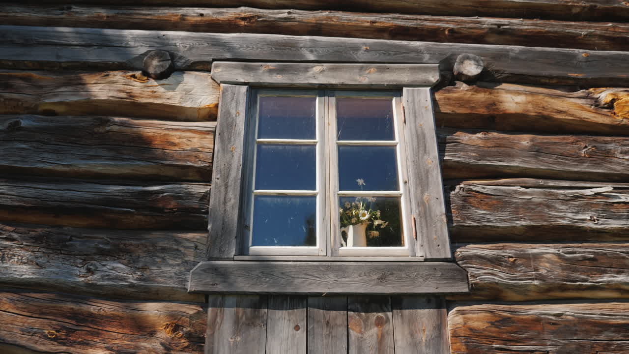 Window With Flowers On A Windowsill In An Old Wooden House 4k Video